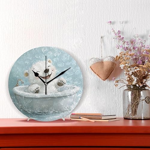 Miniatura 2 de Lindo oso polar retro bañera de 10 pulgadas redondo reloj de baño pared sin tictac ruido moderno para dormitorio, sala de estar, casa de campo,
