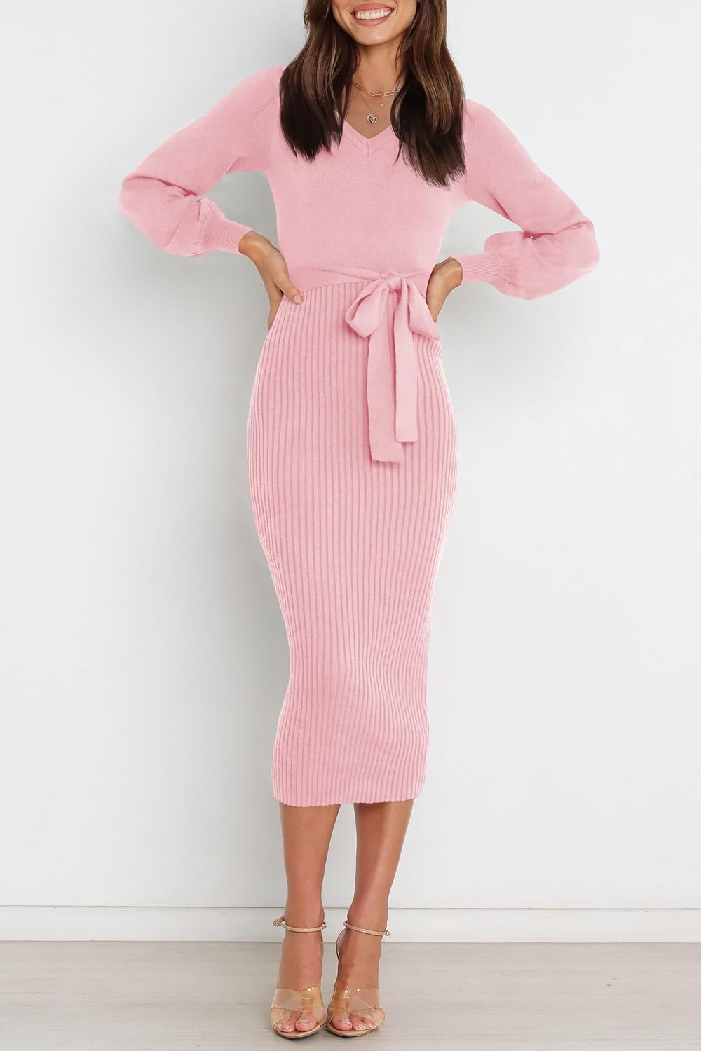 HAEOF Womens 2026 Puff Long Sleeve Fall Winter Sweater Dress Trendy Ribbed Knit V Neck Business Work Midi Bodycon Dresses - Image 2