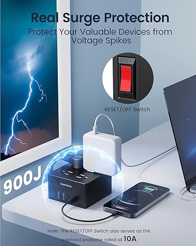 Miniatura 4 de SUPERDANNY - Protector de sobretensiones USB de 9.8 pies con 4 tomas de corriente ampliamente espaciadas y 4 puertos USB inteligentes, cable de