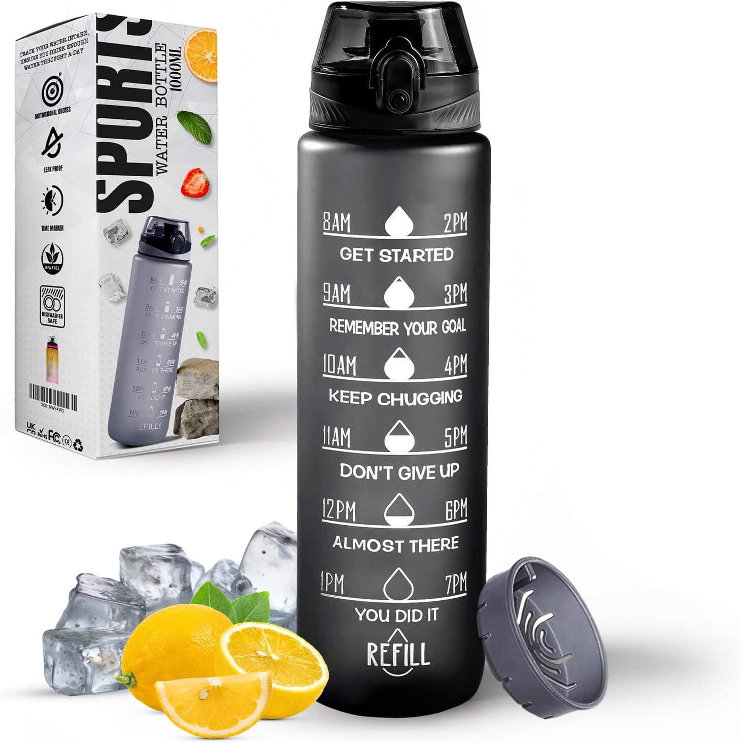 Water Bottle 1L, Sports Water Bottle with Time Markings, BPA-Free, Leak-Proof Drinks Bottle, Perfect for Running, Cycling, Gym, Yoga, Camping and Outdoor Activities, Black