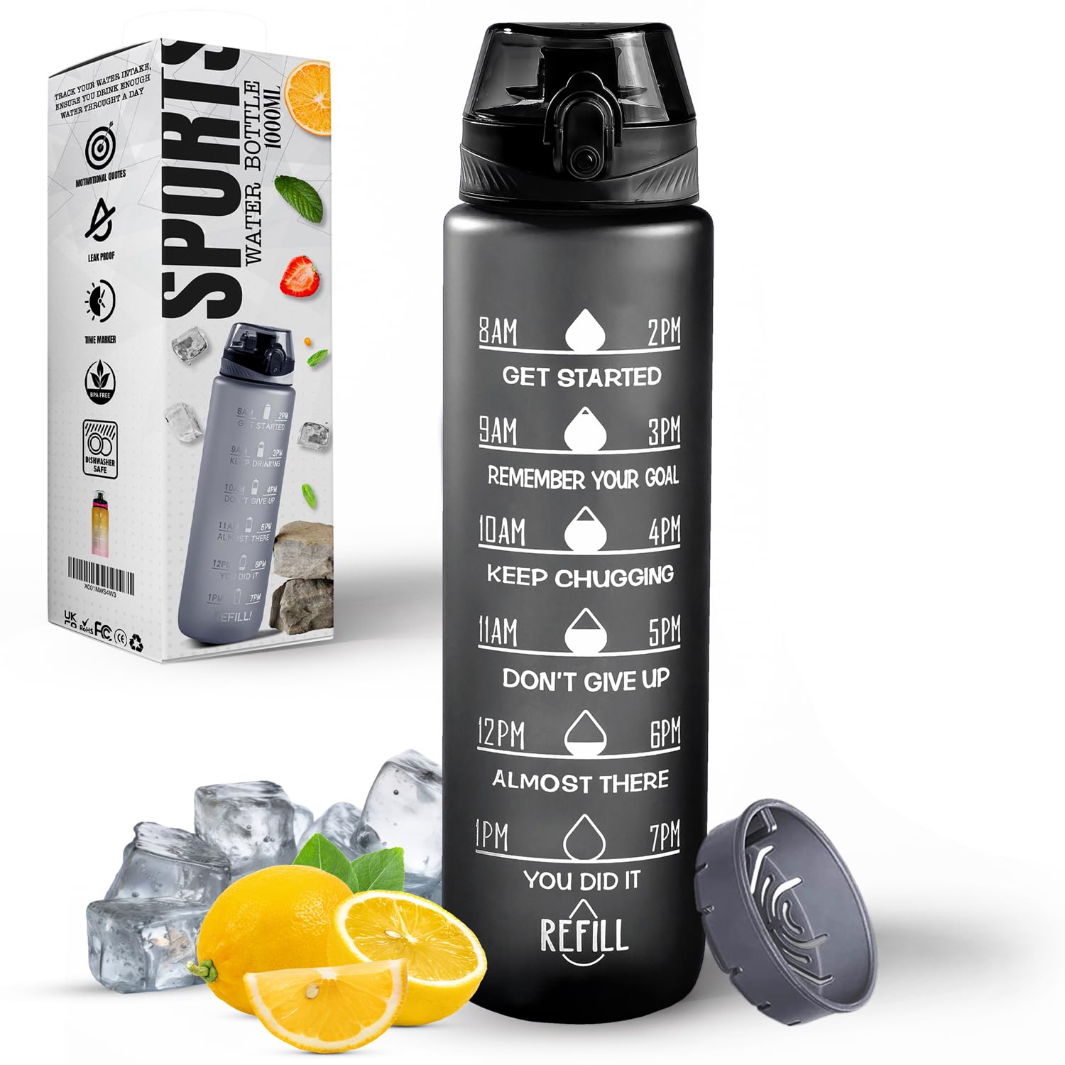 Roe Tenpo Water Bottle 1L, Sports Water Bottle with Time Markings, BPA-Free, Leak-Proof Drinks Bottle, Perfect for Running, Cycling, Gym, Yoga, Camping and Outdoor Activities, Black