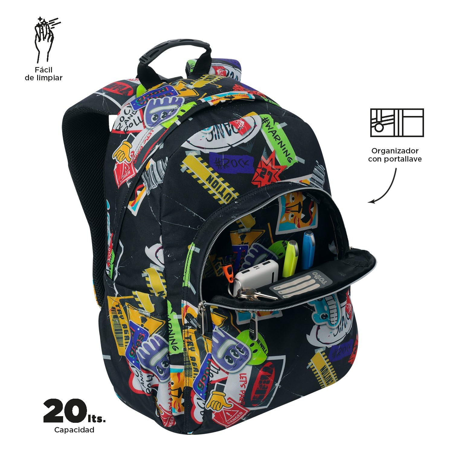 TOTTO - Mochila Escolar Adaptable a Carro, Modelo Acuareles, Capacidad 20 L, Bolsillo para Pc 14", 2 Bolsillo Botella, Espaldar Ergonómico con Flujo de Aire, Cómodas Correas en S, Estampado Sticky