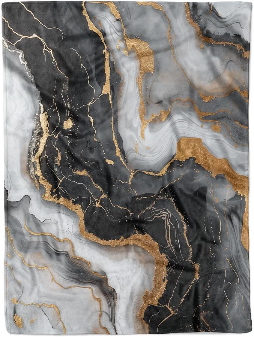 Black Gold Marble Blanket, Modern White Luxury Marble, Soft and Cozy Fleece Blankets, Warm Throw for Women, Ultra Plush Blanket for Bed, Couch & Travel, Perfect Snuggly Gift for Her, 60" x 80"