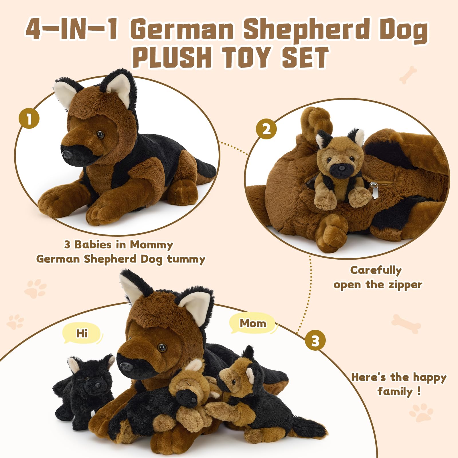 MorisMos Big German Shepherd Dog Teddy Soft Toy, 45cm Mom Dog with 3 Cuddly Baby Inside, Lifelike Brown Dog Stuffed Animal Plush Cuddly, Kawaii Presents for Kids Birthday Party Decorations — view 7