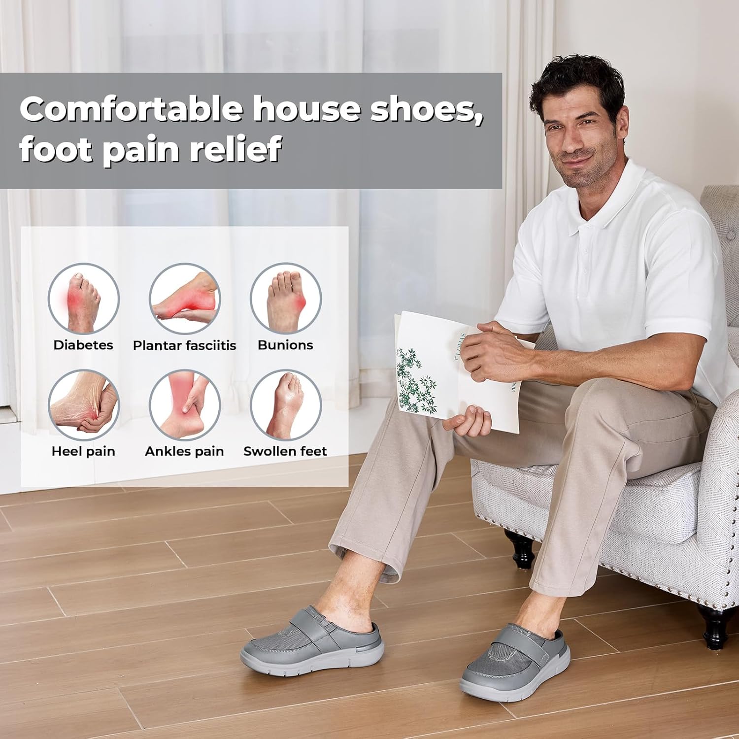 FitVille Wide Slippers for Men Slip-On Wide Mens Mules Clogs for Swollen Feet Adjustable Indoors Lightweight Walking Shoes - Image 2