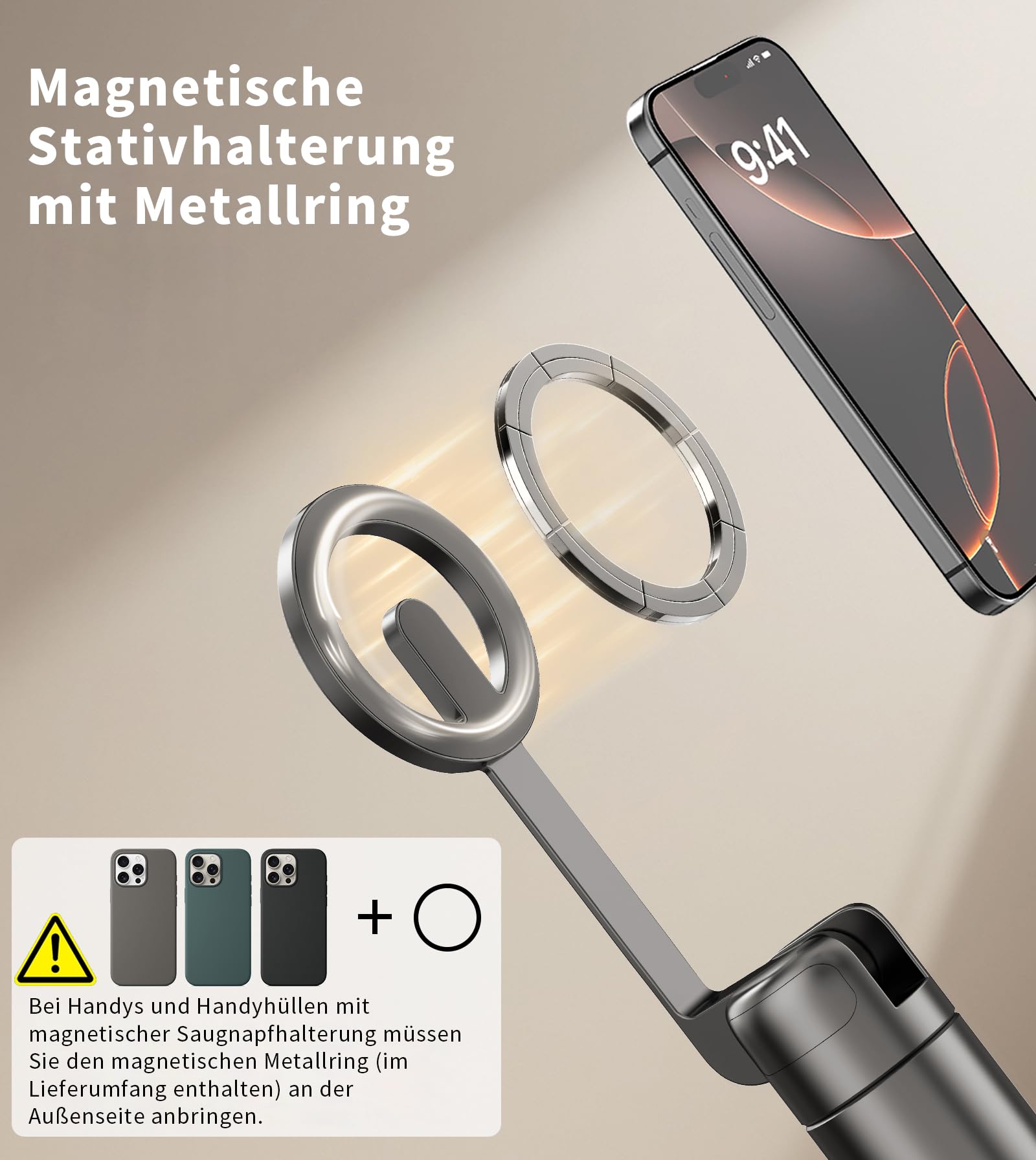 TONEOF 173cm Magnetisches Selfie Stick Stativ, Stark Magnetischer Aluminium Halter für Magsafe, 360° Drehbar, Einziehbares Einbein Stative mit Metallring&Fernbedienung, Tragbares Handystativ-Schwarz