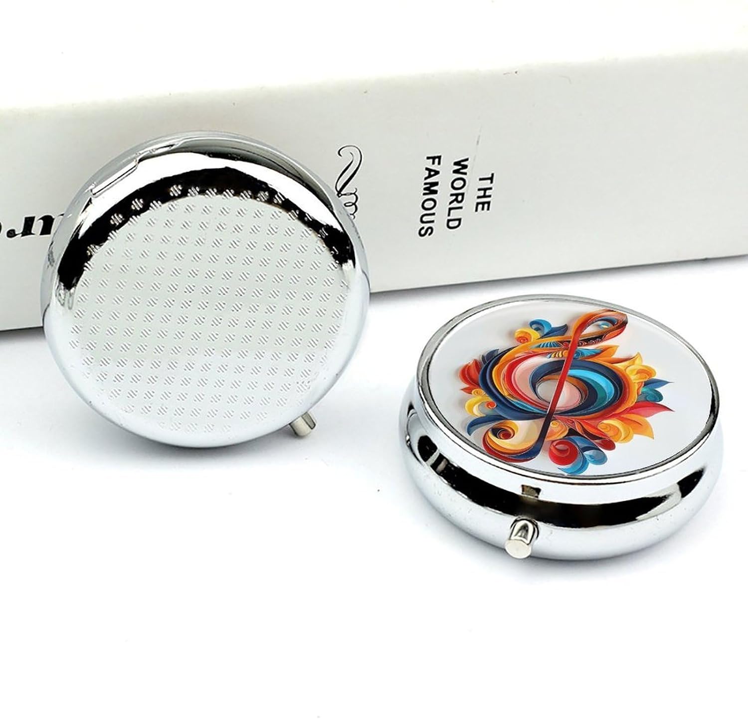 Round Daily Color Music Note Pill Case with 3 Compartment & Mirror image 5