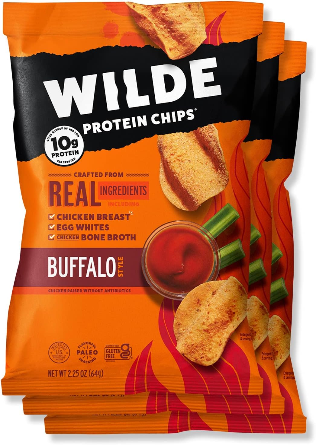 WILDE Buffalo Protein Chips, Thin and Crispy, Protein Rich, Keto Friendly, Made with Real Ingredients, 64 ml Bag (Pack of 3)