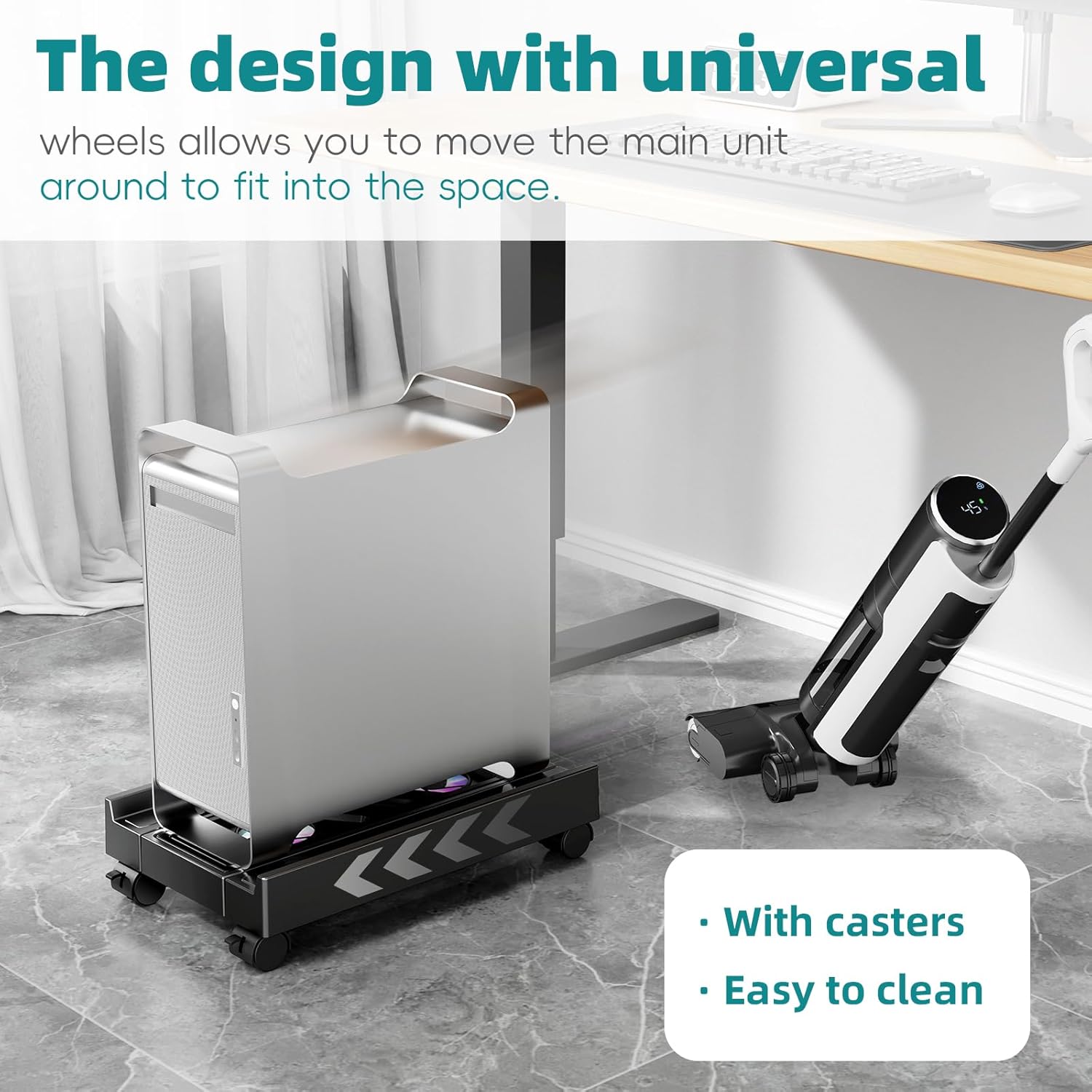 Adjustable Computer Tower Stand with Cooling Fan, Mobile CPU Holder with 4 Rolling Casters, Under Desk CPU Bracket PC Floor Cart PC Riser for Office, Home and Classroom. (Fan version)