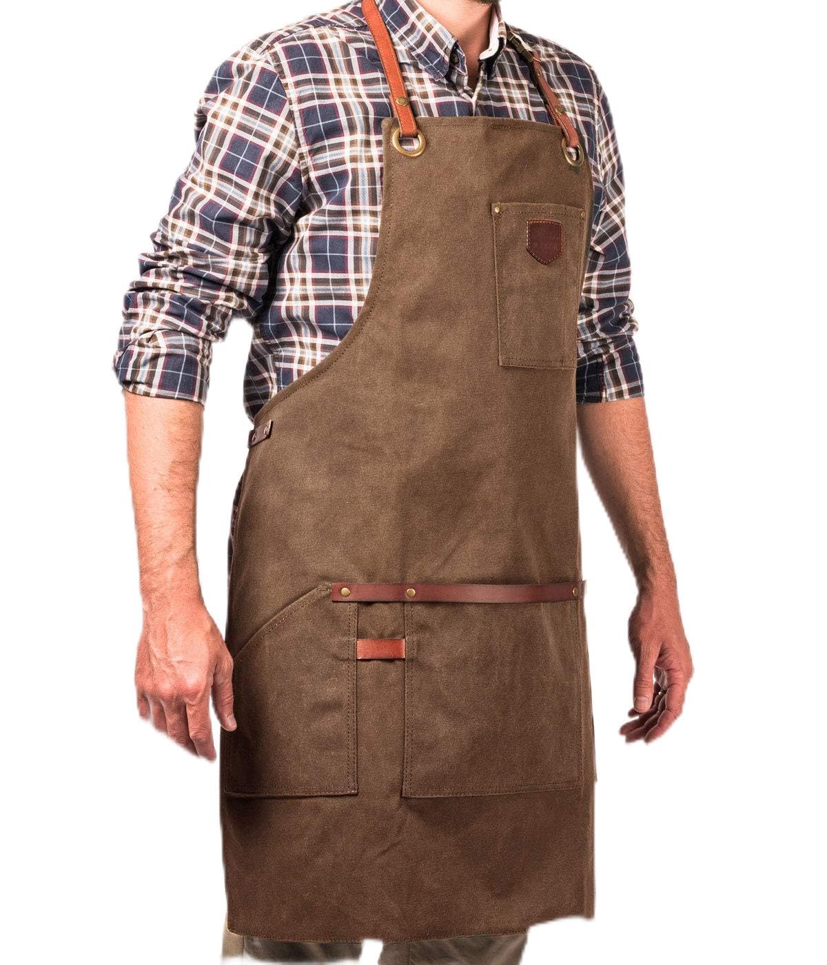Alaskan MAKER Premium Arbeitsschürze aus beschichteter Baumwolle und echtem Leder Nr. 547 - überkreuzte Träger - Unisex & Universalgröße, Tabakfarben, Einheitsgröße