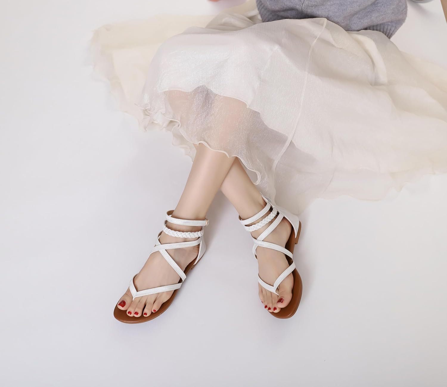 Women's Summer Strappy Flat Sandals Casual Gladiator Shoes Open Toe Sparkly Crossover Straps Dressy Fisherman Thong Sandals for Walking Beach Vacation - Image 6