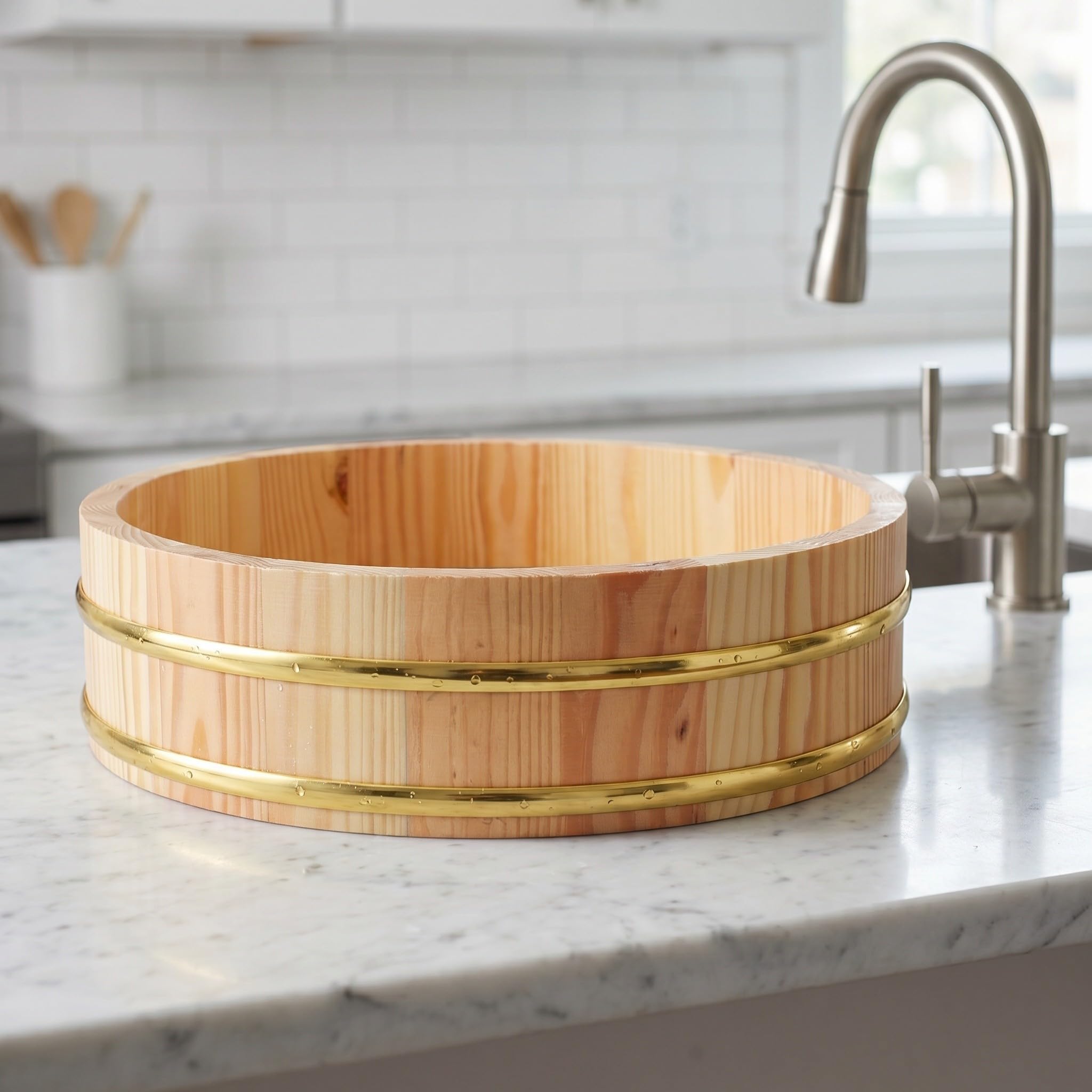 IMIKEYA Bol à Riz à Sushi en Bois avec Bord Doré Élégant, Lot de 2 Pièces, Solide Renforcé Texture Optimale du Riz, pour Service de Sushi en Restaurant
