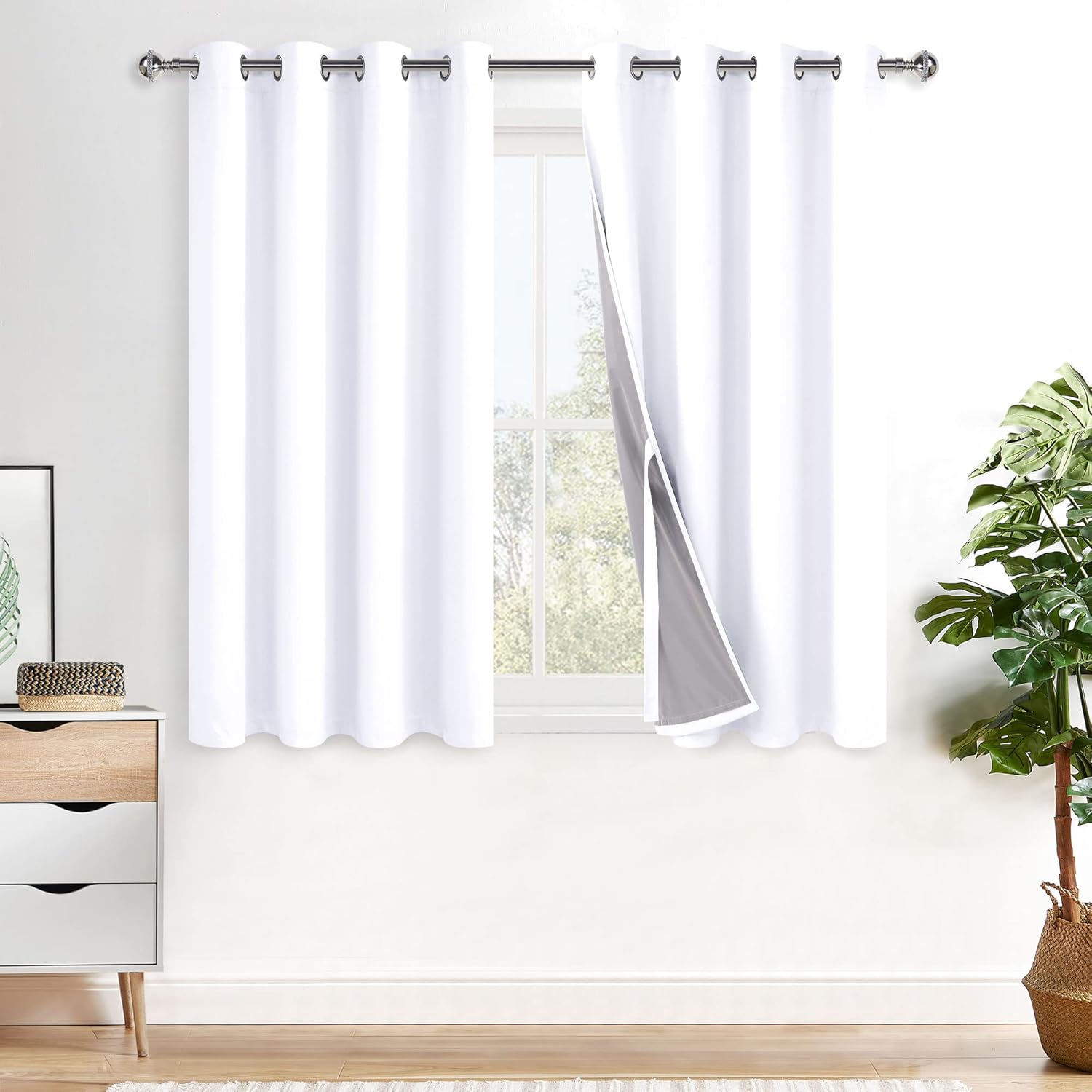 XWZO 100% Blackout Curtains with Tiebacks- 2 Thick Layers Completely Shaded Window Treatment Thermal Insulated Lined Drapes with Grommets for Bedroom/Laundry Room, White, W52 x L45, Set of 2 Panels