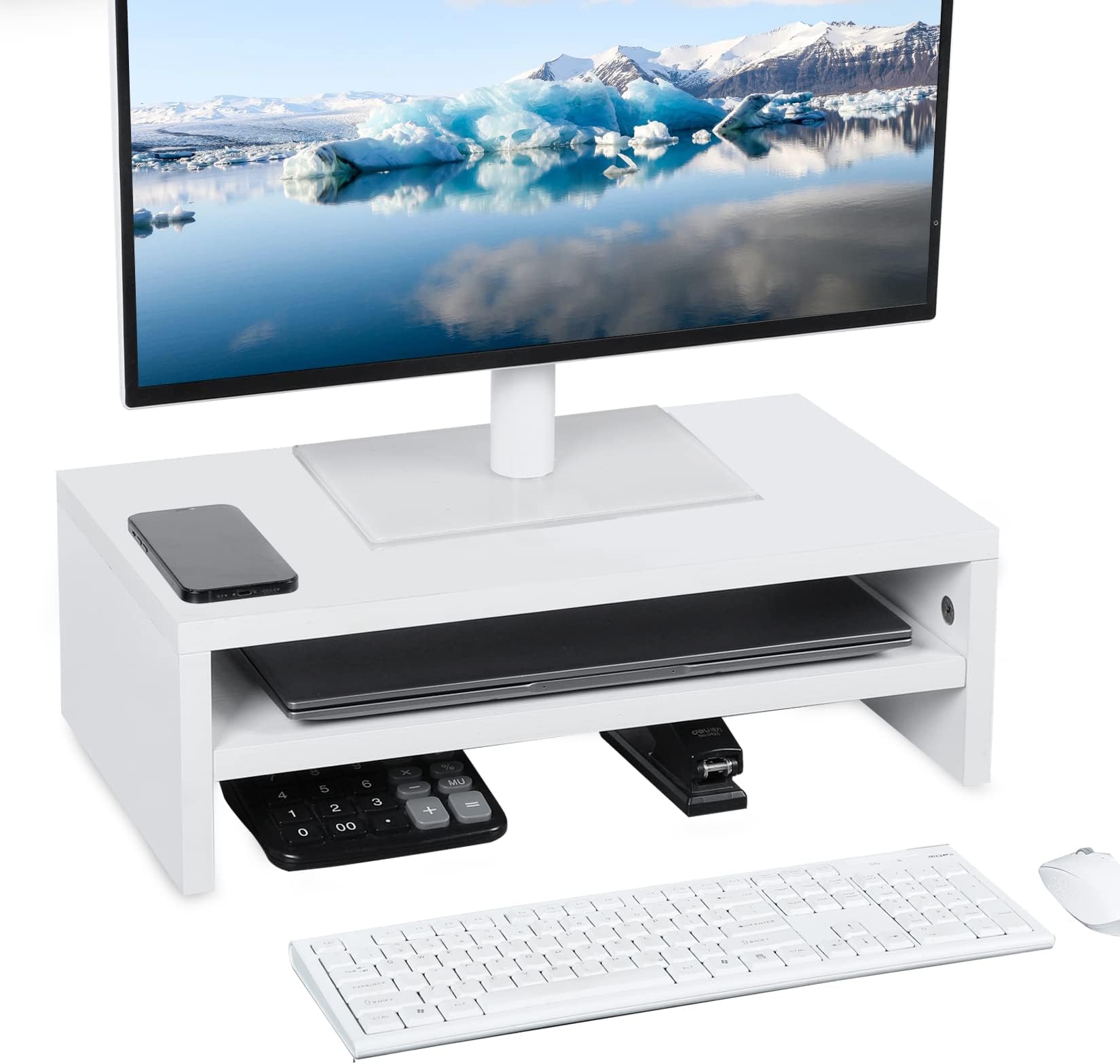 Baodan 2-Tier Monitor Stand - Wooden Desk Shelf for PC, Screen & TV Riser, White