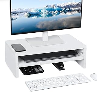 Baodan Wood Monitor Stand Riser, Wooden Display Laptop Stand with Storage Drawer, 2-Tier Desk Riser Organizer Printer Stand TV Shelf for Laptop Printer Monitor -(White)