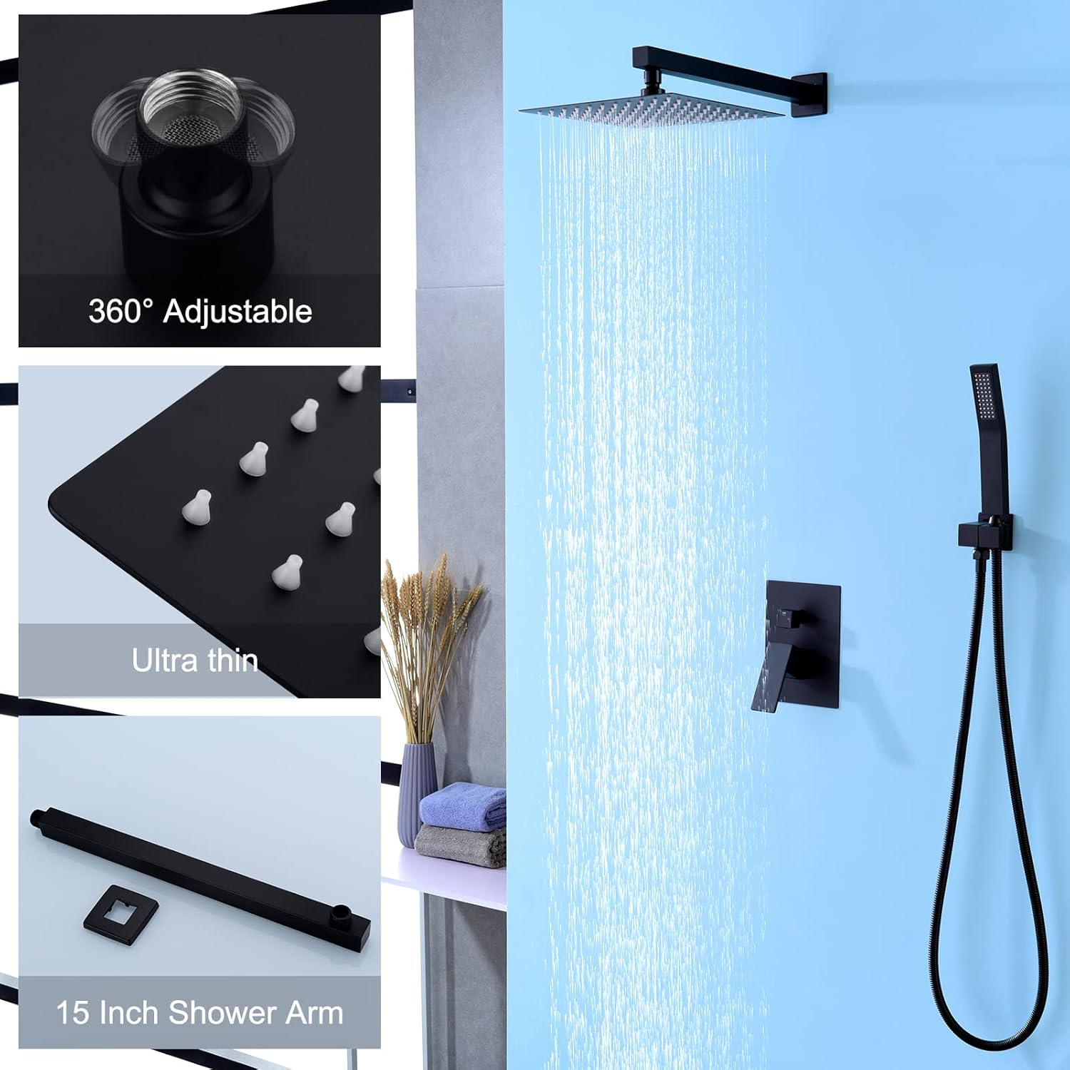 Buy HANEBATH Matte Black Shower Faucet Set Complete with 10 Inch Rainfall Shower Head, Wall