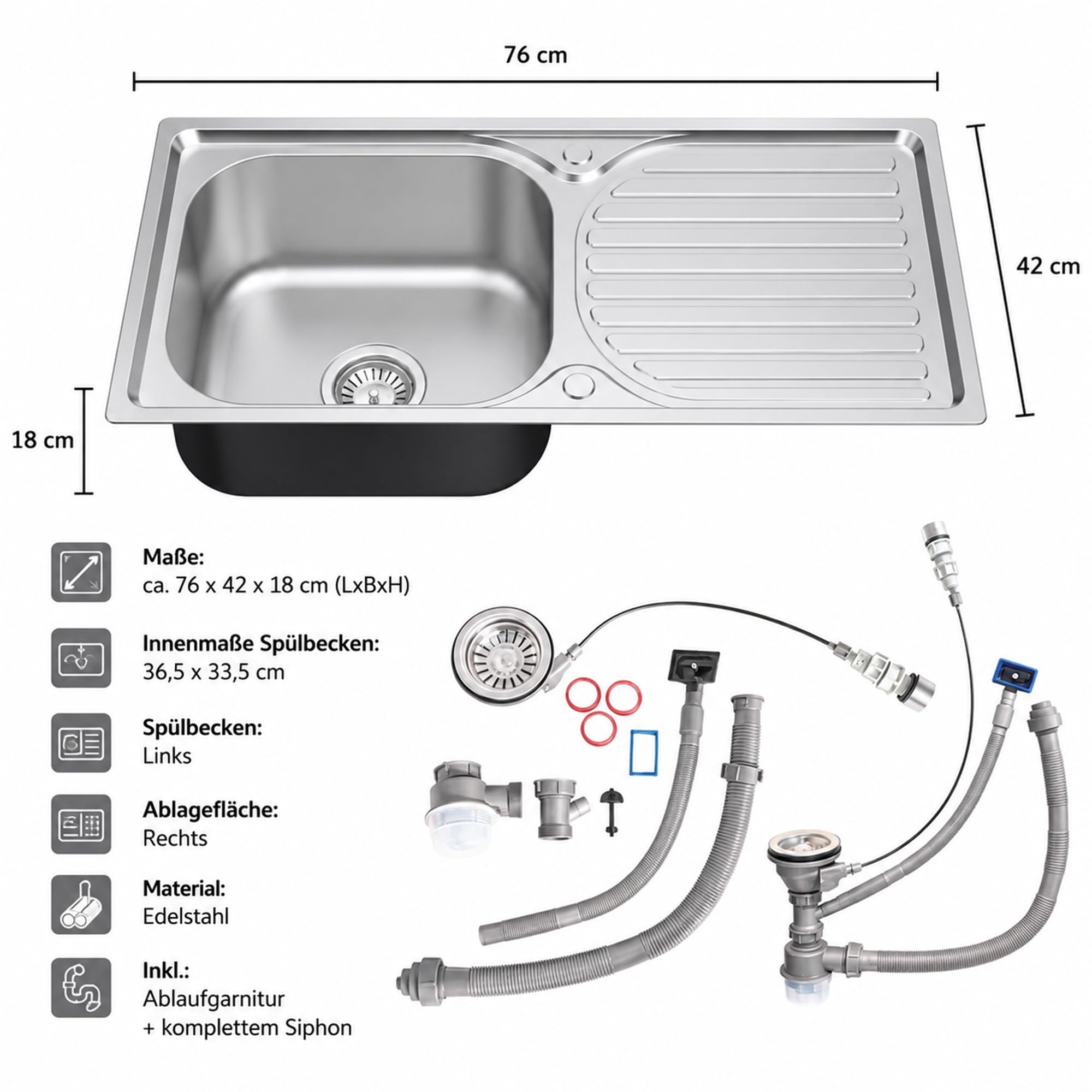Mucola Einbauspüle Küchenspüle Edelstahl mit Abtropffläche 76x42 cm Silber | Becken links 36,5x33,5 cm, Excenter-Drehknopf für den Wasserablauf, satinierte Leinenstruktur, kratzunempfindlich