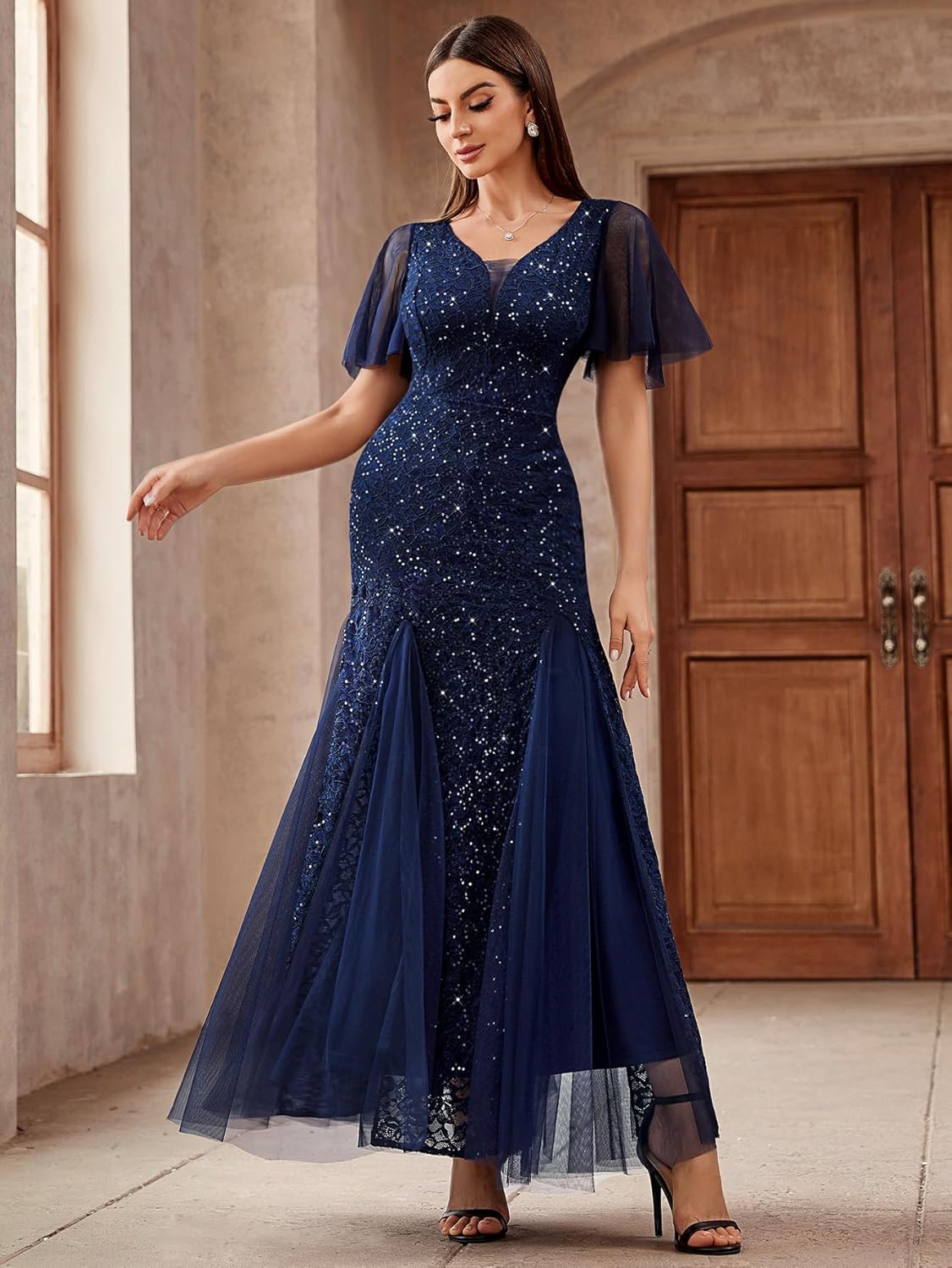 Miusol Women's Sequin Lace Deep-V Neck Tulle Mermaid Hem Evening Party Maxi Dress - Image 3