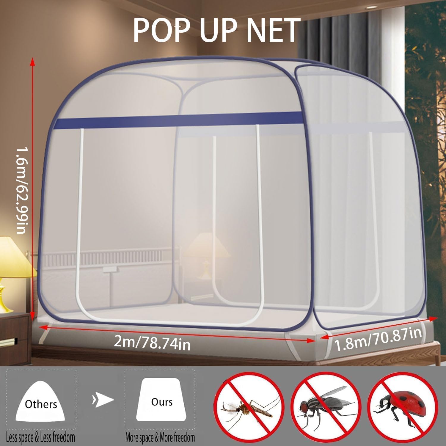 Zanzariera per letto pieghevole 180x200 cm pop-up da viaggio