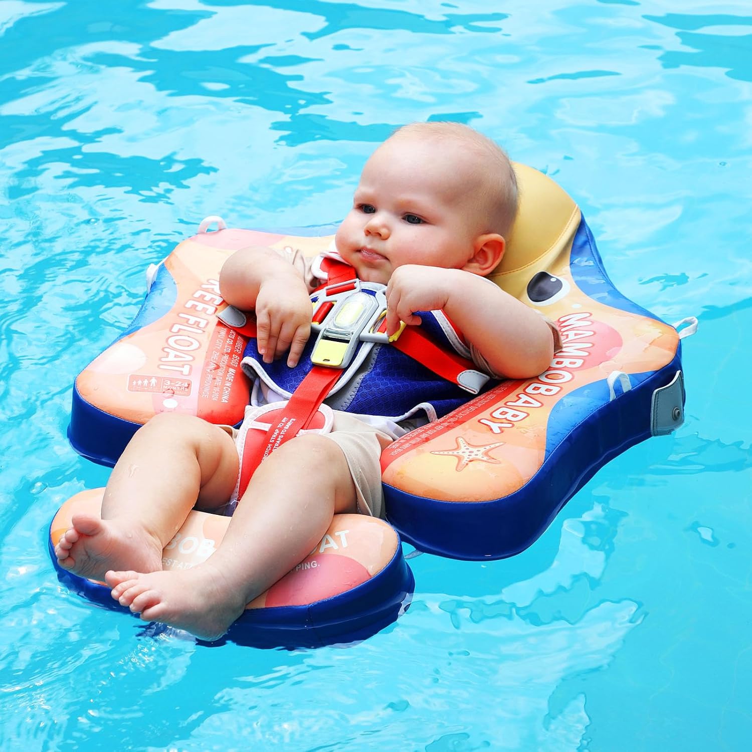 Mambobaby Baby Pool Float with Canopy, Non-Inflatable Infant Swim Float with Safe Seat and Tail Support for 3-24 Months, UPF 50+ Sun Protection
