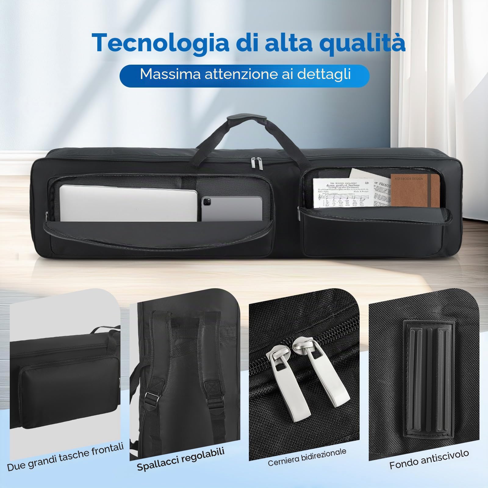Custodia per tastiera a 88 tasti, custodia portatile per pianoforte elettrico di trasporto, imbottita in robusto tessuto Oxford 600D, con 2 tasche frontali e spallacci regolabili, 137x27x13cm