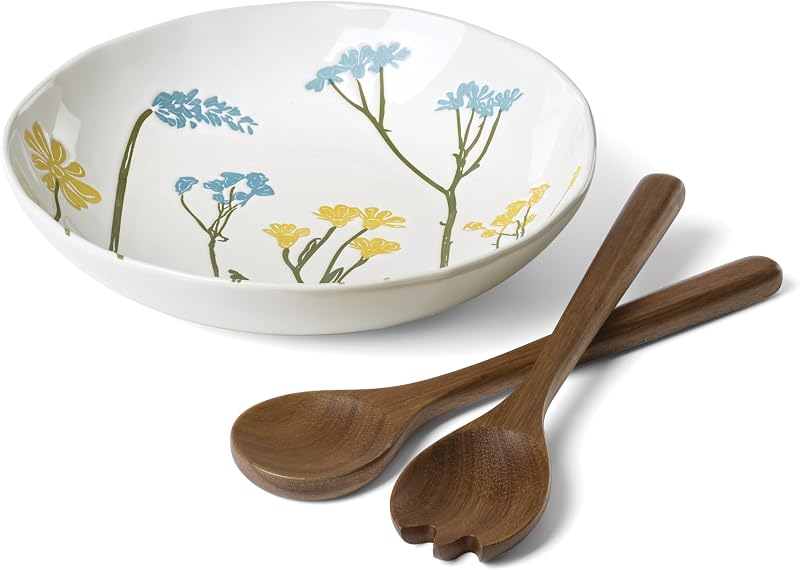 Lenox Wildflowers Stoneware Salad Bowl with Servers, 3-Piece | dishwasher safe, microwave safe, 76oz capacity | floral entertaining, gift for women, serving dishes