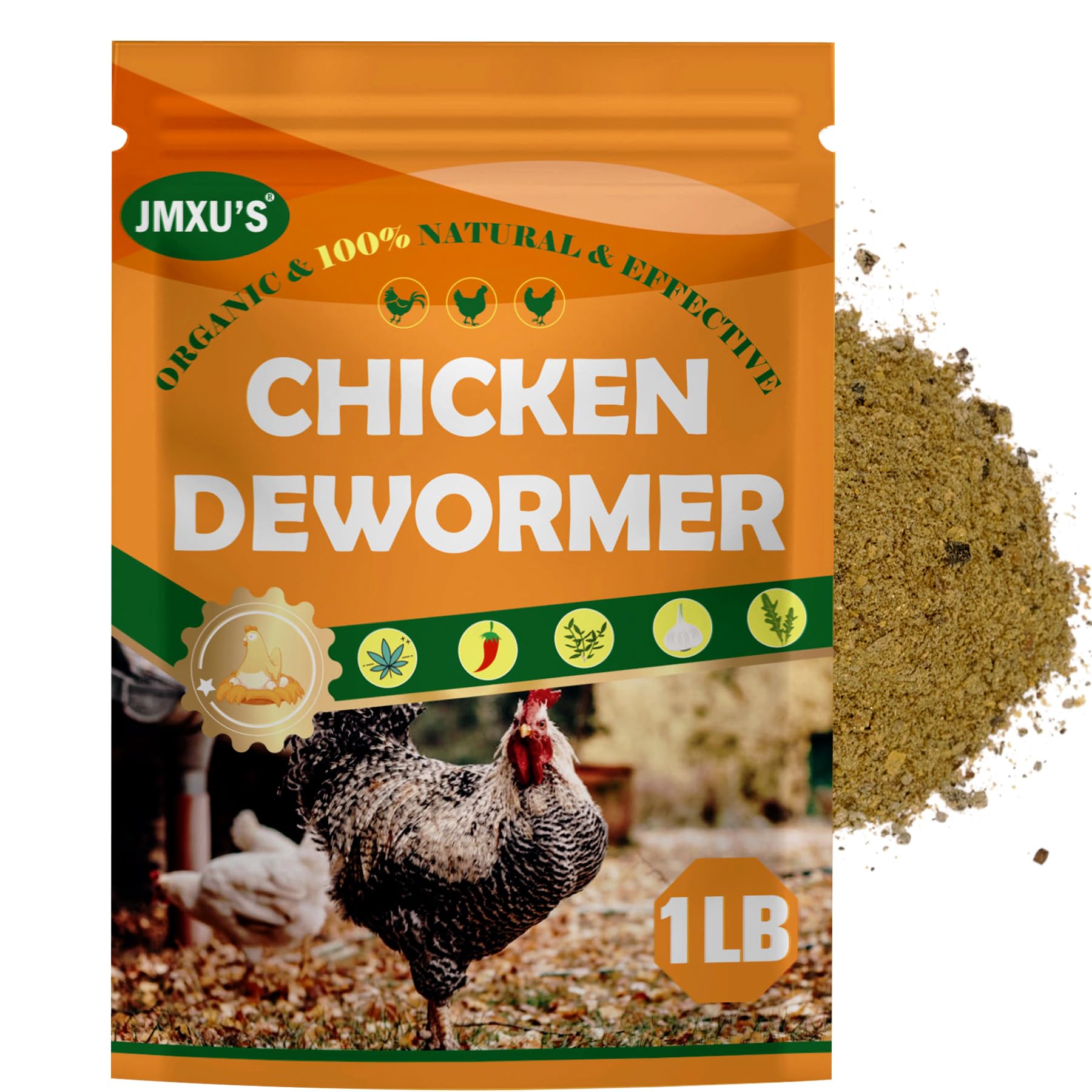 Jmxu's Chicken Dewormer Powder, All Natural Formula Poultry Dewormer, Safeguard Dewormer Powder for Laying Hens, Chicks, Roosters, Turkeys to Relieve and Prevent Worms, 1 LB