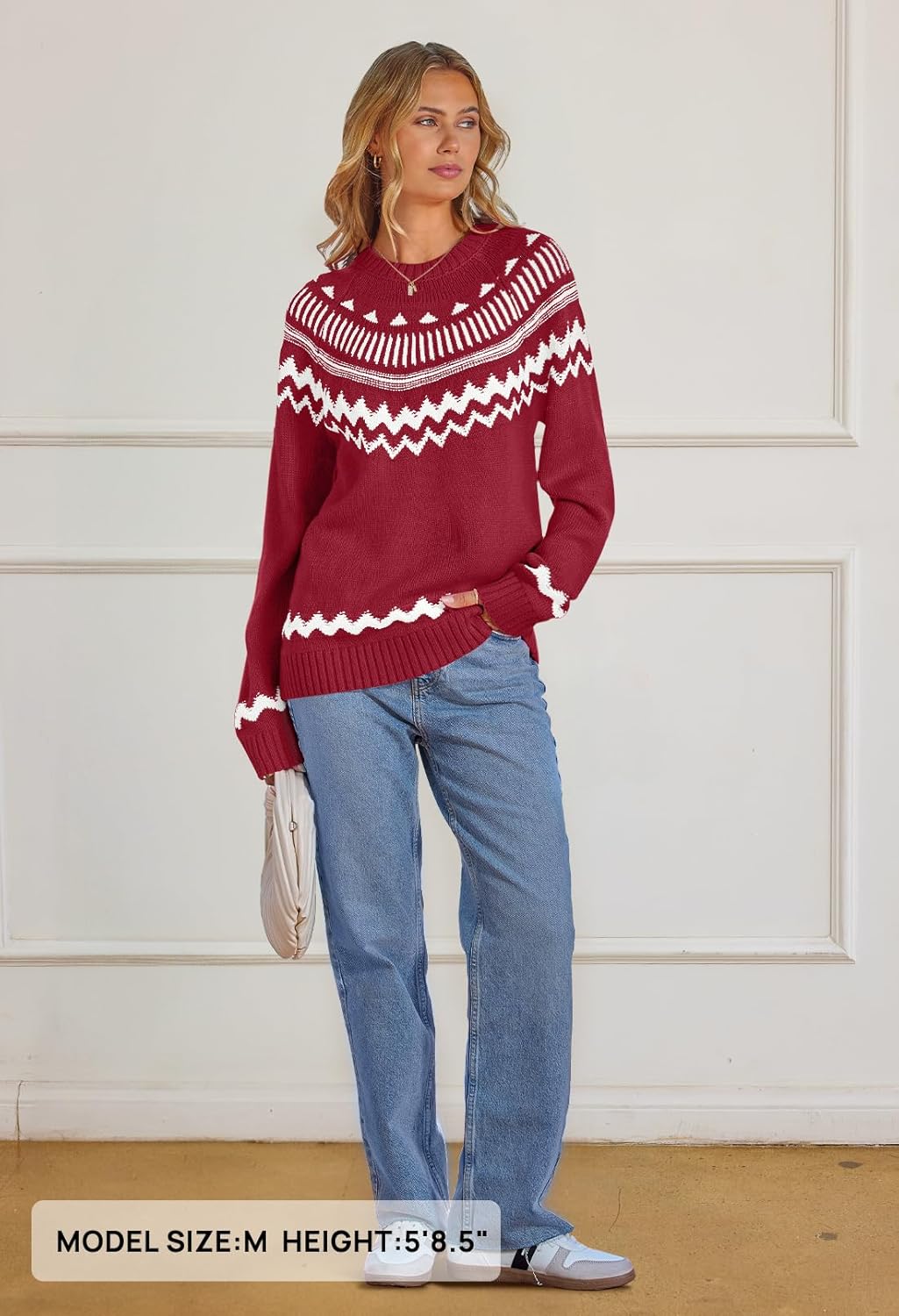 MEROKEETY Women's 2026 Fall Winter Fair Isle Argyle Pullover Sweater Striped Crew Neck Long Sleeve Vintage Knit Tops - Image 7