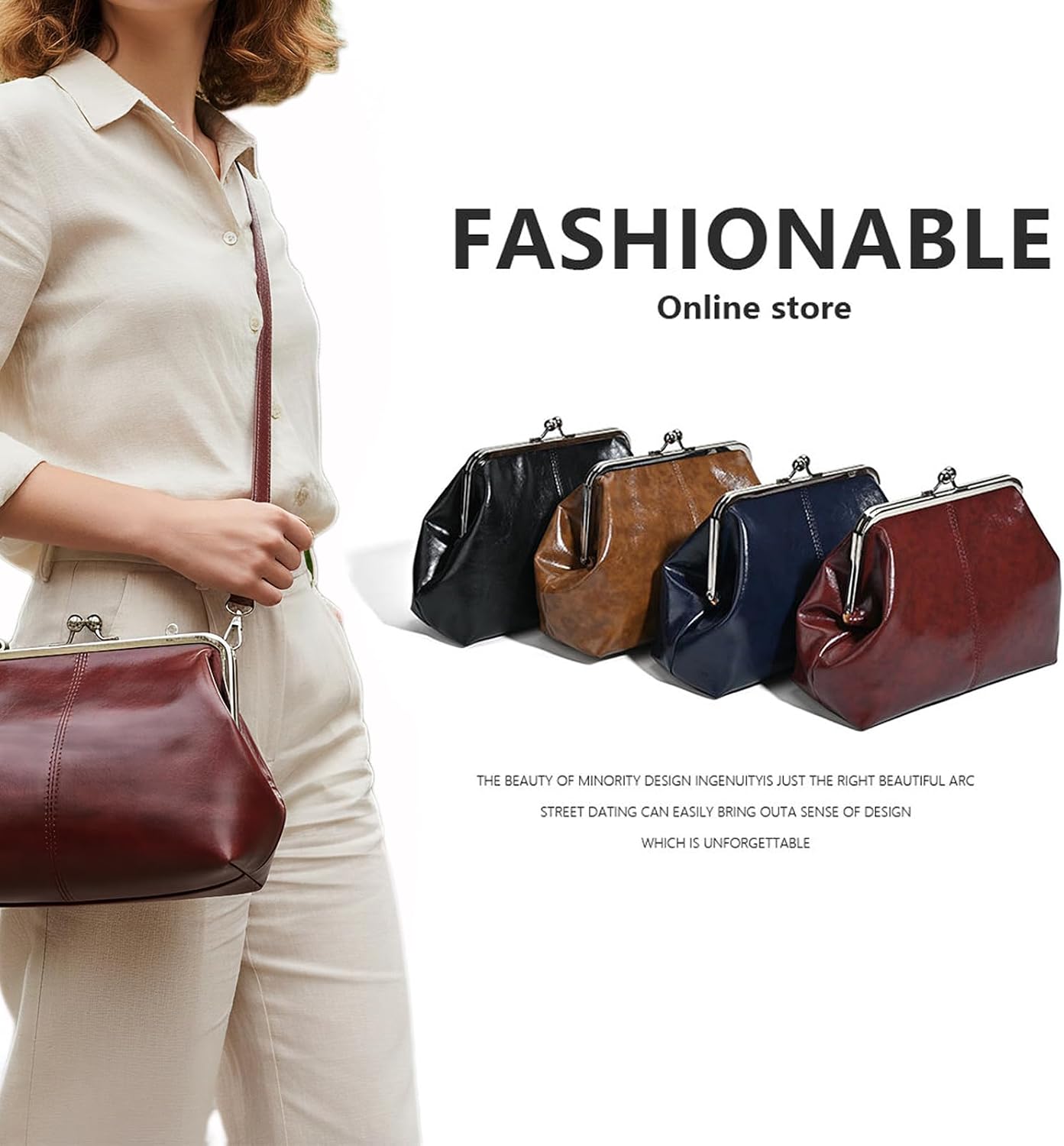 Kisslock Frame Bag for Women, Vintage Pu Leather Crossbody Purse, Fashion Kiss Lock Clutch Evening Handbags (Coffee)