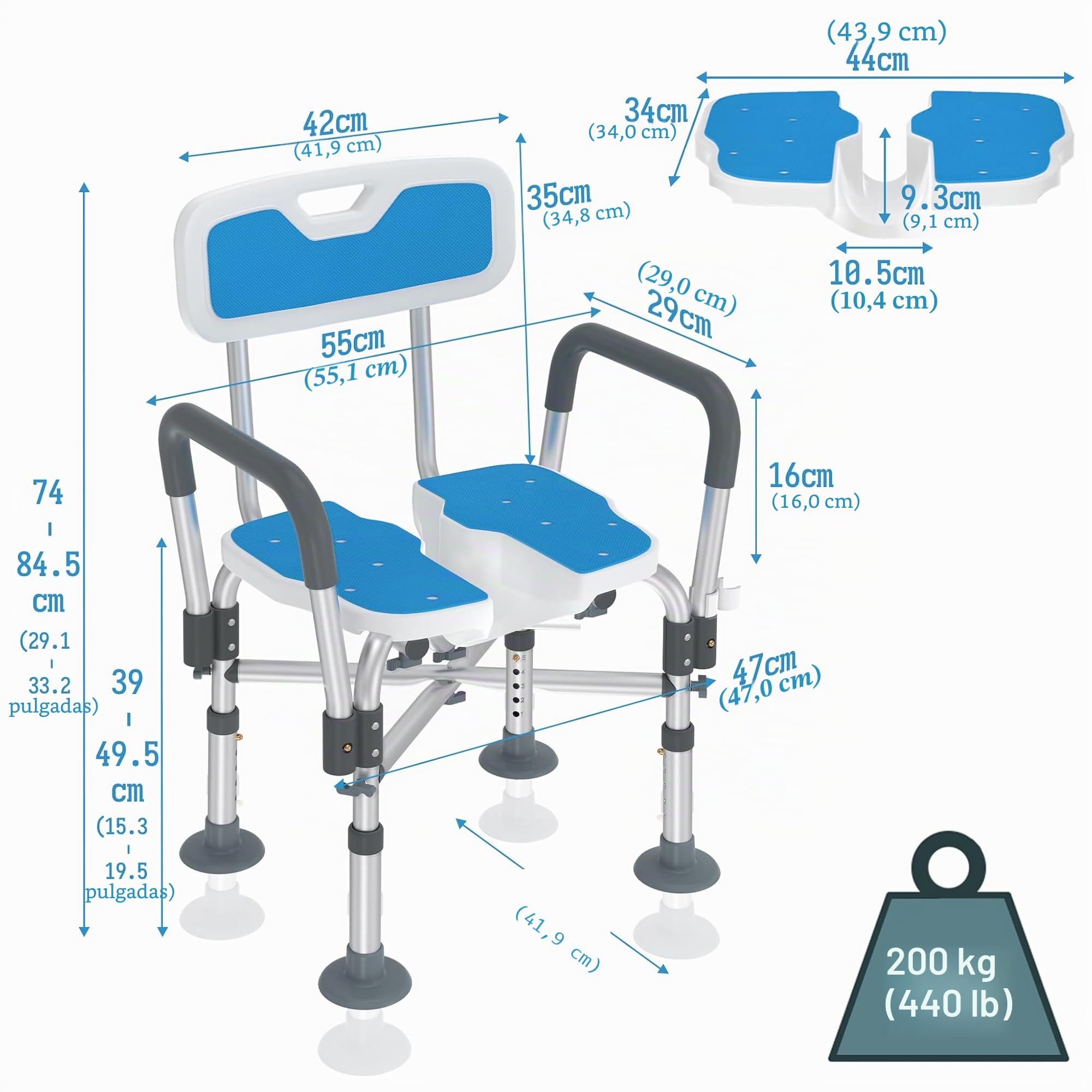 LZQ Silla de ducha con respaldo y reposabrazos extraíbles, taburete de ducha para personas mayores, altura regulable, asiento de baño, asiento de ducha, antideslizante, hasta 200 kg