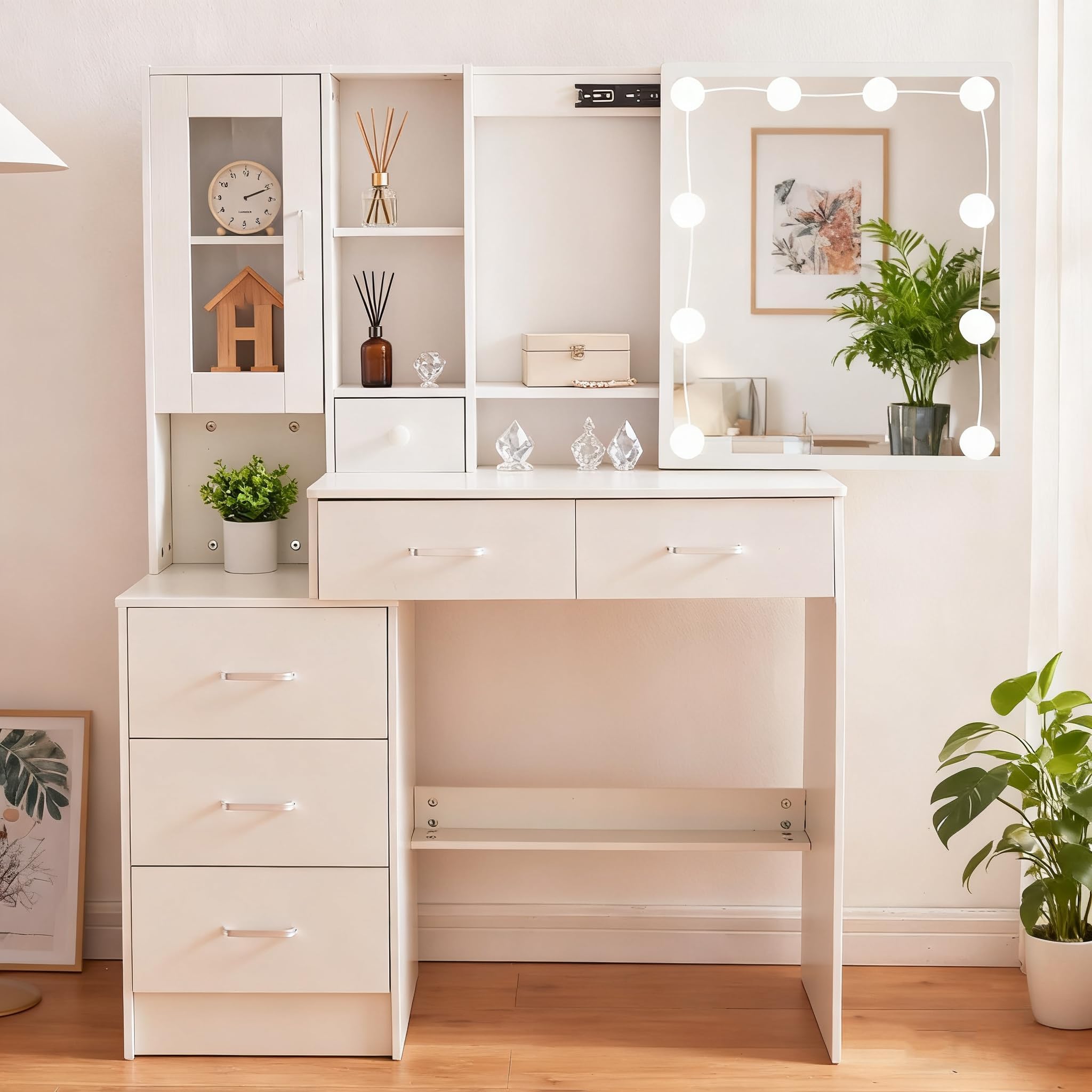 Vanity Desk with Mirror and Lights, Makeup Vanity 6 Drawers 8 Storage Shelves, 3 Lighting Modes & Adjustable Brightness for Bedroom, White, 39.5" L*15.8" W*55.2" H