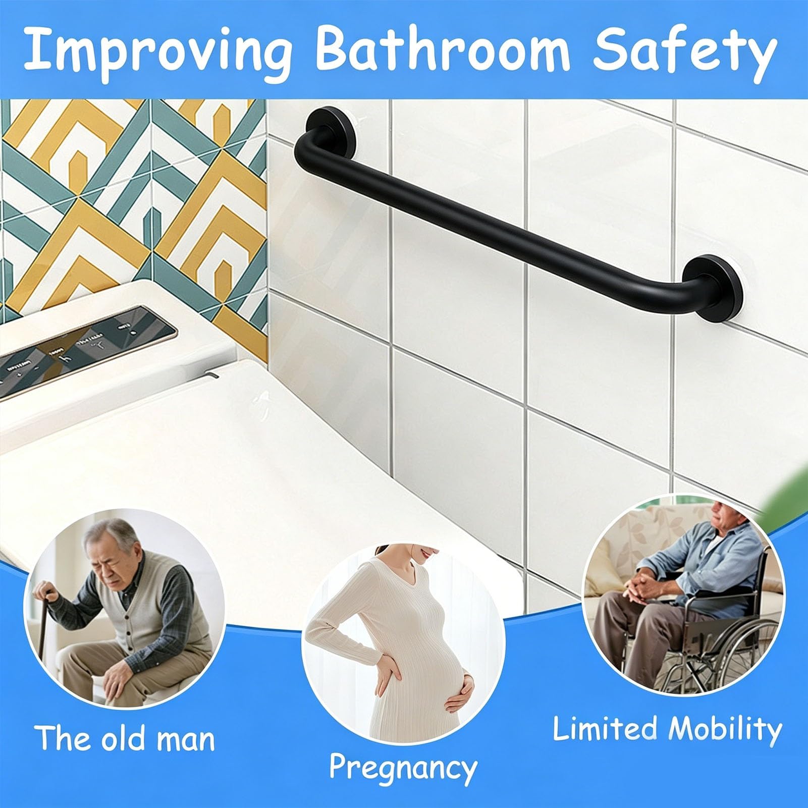 Barra de Agarre para Ducha para Personas Mayores discapacitadas, Tubo Redondo Antideslizante 80cm 1m 1,2m Pasamanos de Seguridad, manija de Soporte Auxiliar para Inodoro de baño(100cm)