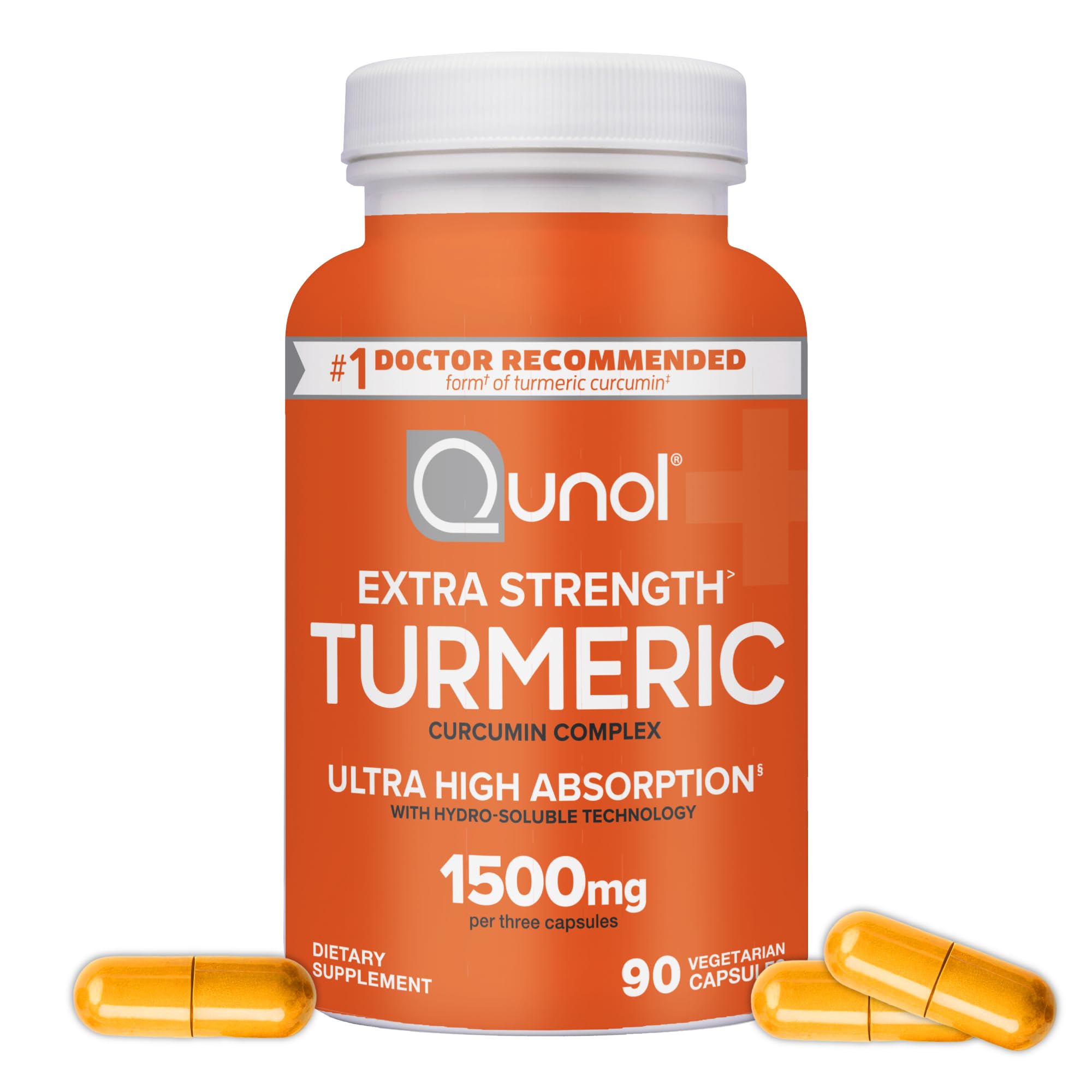 Qunol Turmeric Curcumin Capsules, Qunol 1500mg Extra Strength Supplement, Patented Hydro-Soluble Technology, Alternative to Turmeric Curcumin with Black Pepper, 90 Veggie Capsules