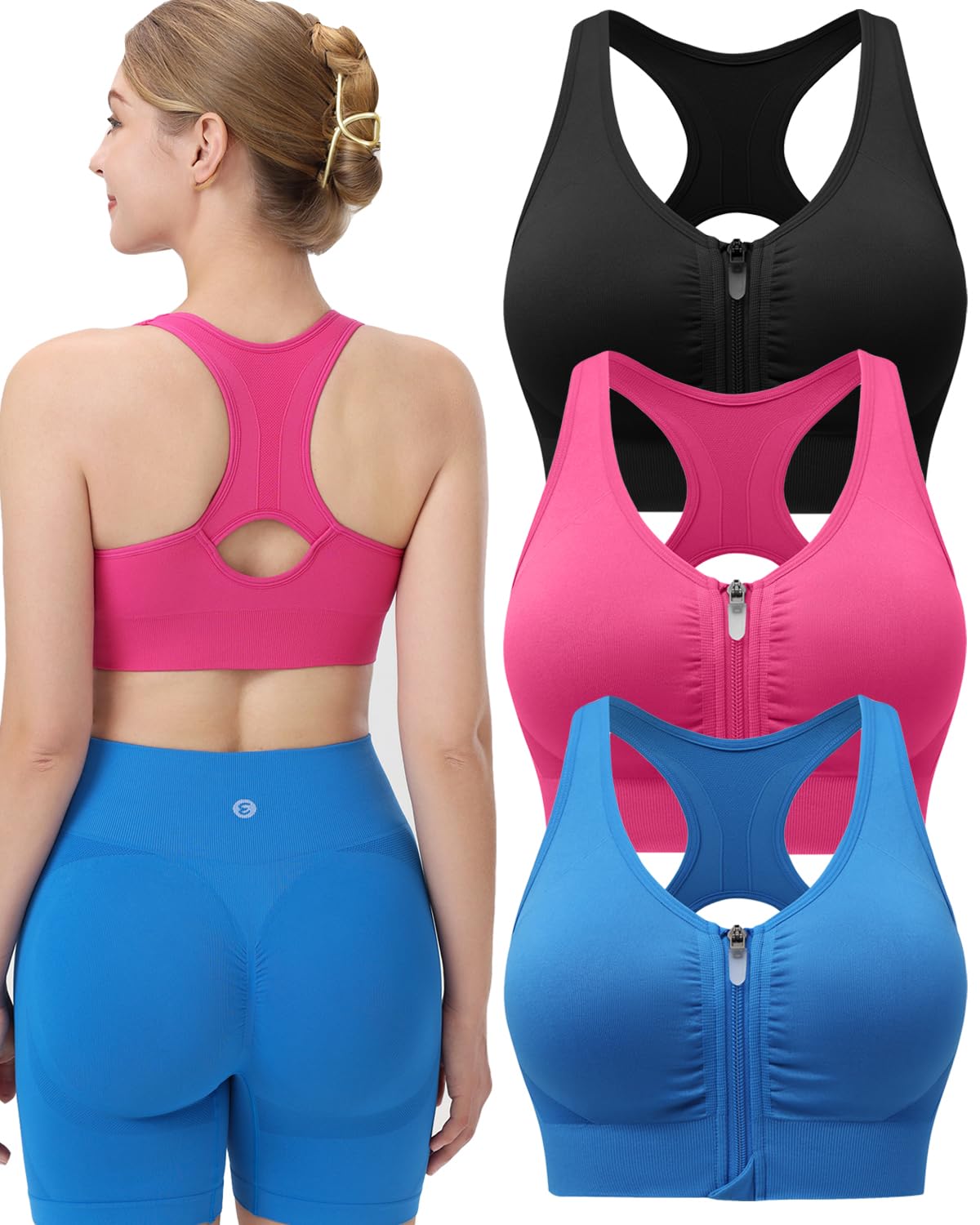Evercute Damen-Sport-BHs mit Reißverschluss vorne, kabellos, gepolstert, Racerback, mittlere Unterstützung, postoperative BHs, Yoga, Übung