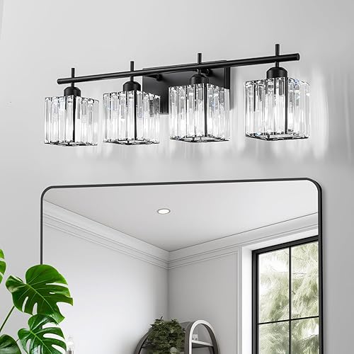 Miniatura 2 de Luces modernas de tocador de baño de cristal de 28.2 pulgadas, 4 luces de pared negro mate, accesorios de iluminación de baño sobre espejo, 4 luces