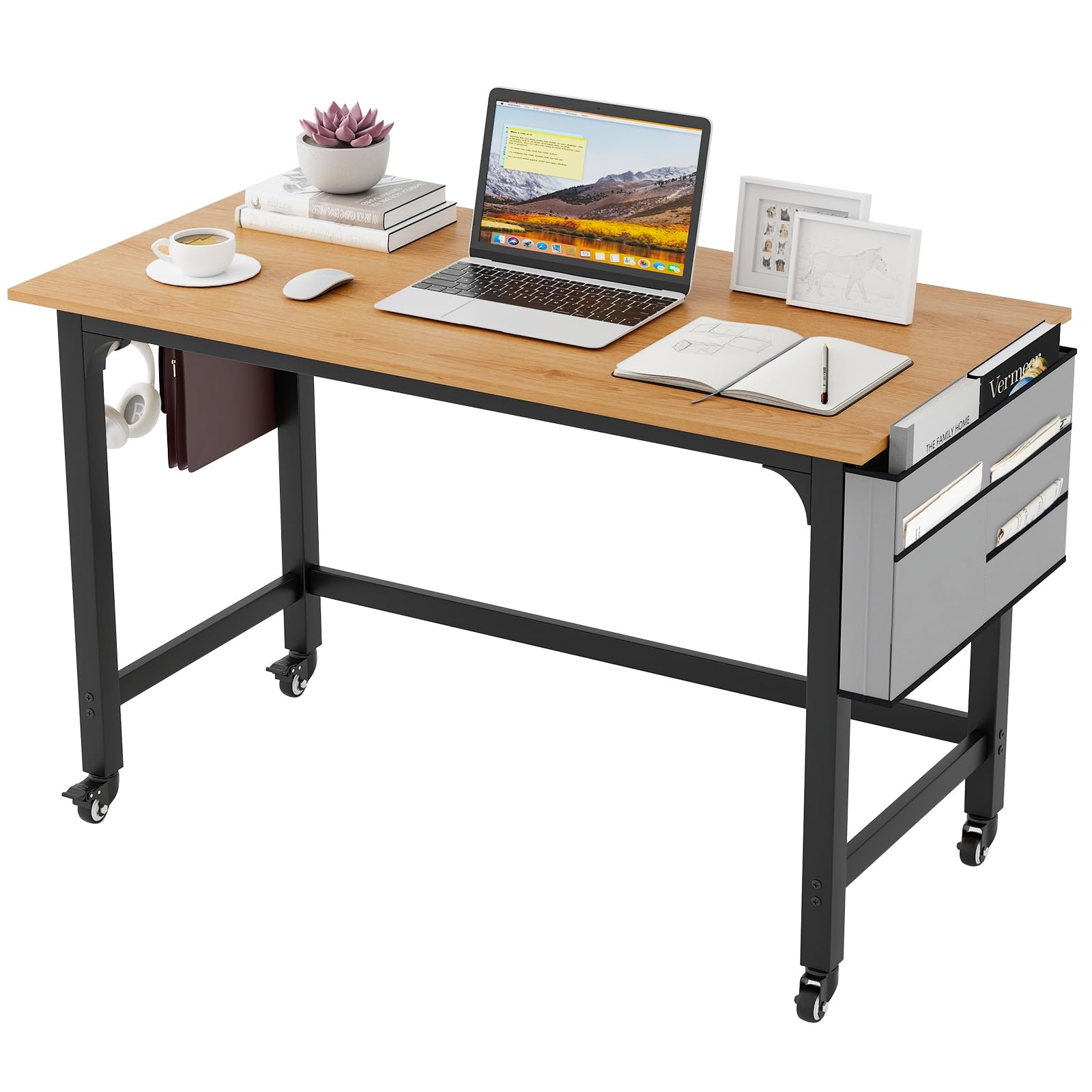 Tangkula 48” Mobile Computer Desk with Storage Bag & 2 Hanging Hooks, Rolling Home Office Writing Study Desk, Rolling PC Workstation with Lockable Universal Casters for Study Room, Bedroom