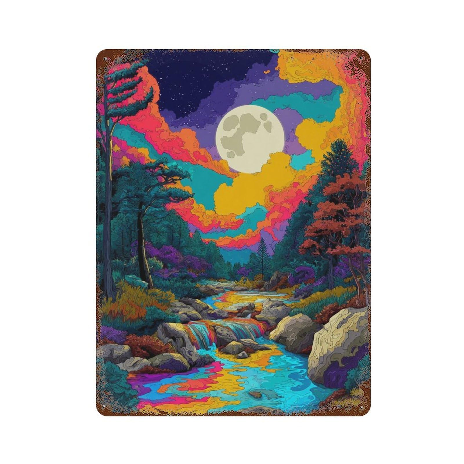 Colorful Forest Stream Painting Vintage Metal Tin Sign 15.7"x11.8", Ideal for Shed, Workshop And Garage Wall Decor