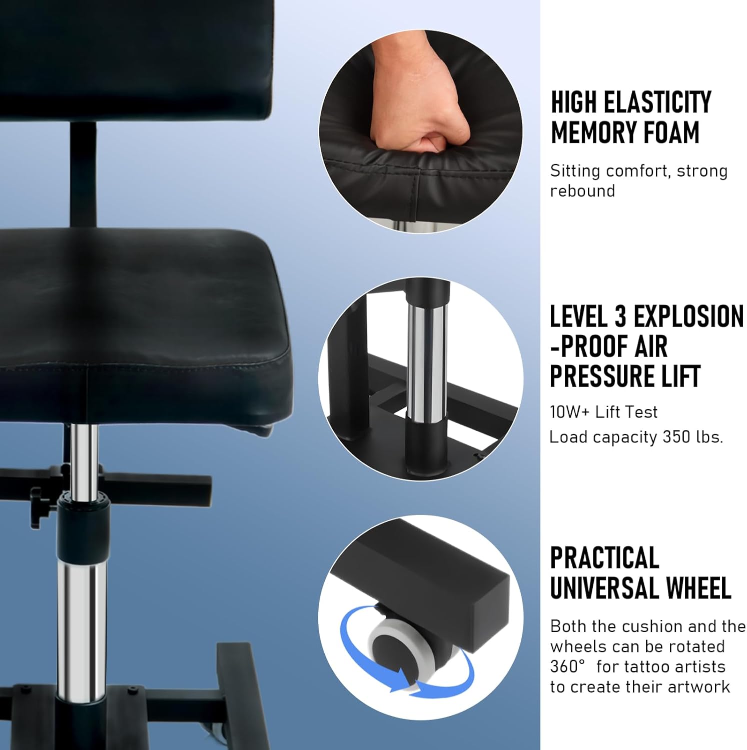 ZG Fourth Gen Hydraulic Tattoo Chair w/Level 3 Explosion-Proof Lift, 360° Rotating Memory Foam Cushion & Adjustable Backrest for Artists and Clients