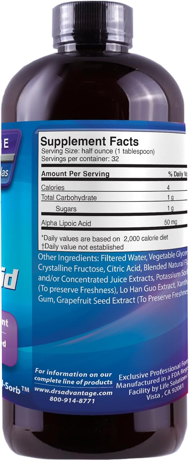DRS Advantage Alpha Lipoic Acid - Liquid Dietary Supplement with 50mg ALA per Serving - Packed with Antioxidants - Pharmacist Formulated, Rapid-Sorb Technology for Nutrient Absorption - 16 fl. oz.