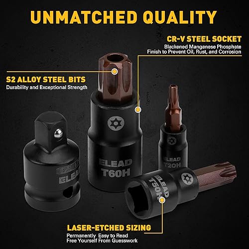 Miniatura 5 de Juego de 16 piezas de enchufes de brocas Torx - Acero S2 Premium estilo europeo T8-T60 con adaptadores de enchufe, juego de enchufes de brocas