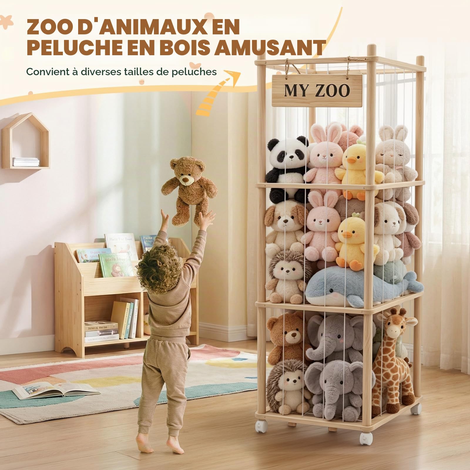 Rangement pour peluches, en bois, avec freins à 360°, grande capacité, 135 x 40 x 40 cm, pour salle de jeux, chambre d'enfant, chambre à coucher