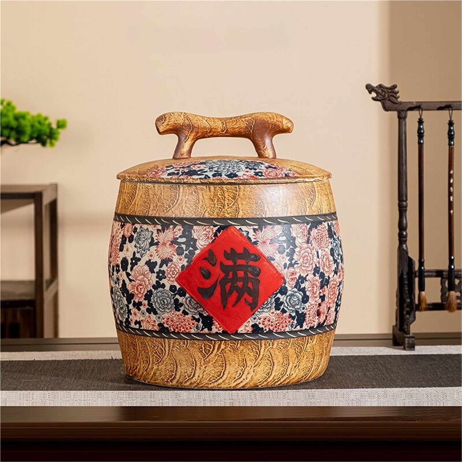 NEONMAN Large Ceramic Rice Jar with Lid, Airtight Household Grain Storage Container, A Vintage Ceramic Jar Ideal for Storing Rice, Grains, and Various Kit(C,10kg)