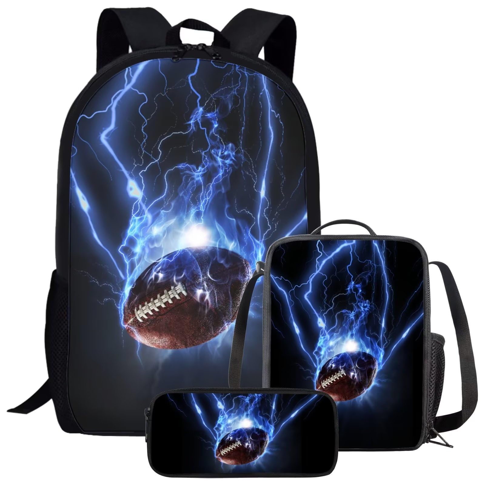 ParprintyLightning Rugby Football Backpack and Lunch Bag Set for Boys Girls Portable Lightweight Adjustable Large 17 Inch School Backpack with Lunch Box Pencil Case Kids Student Personalized Bookbag