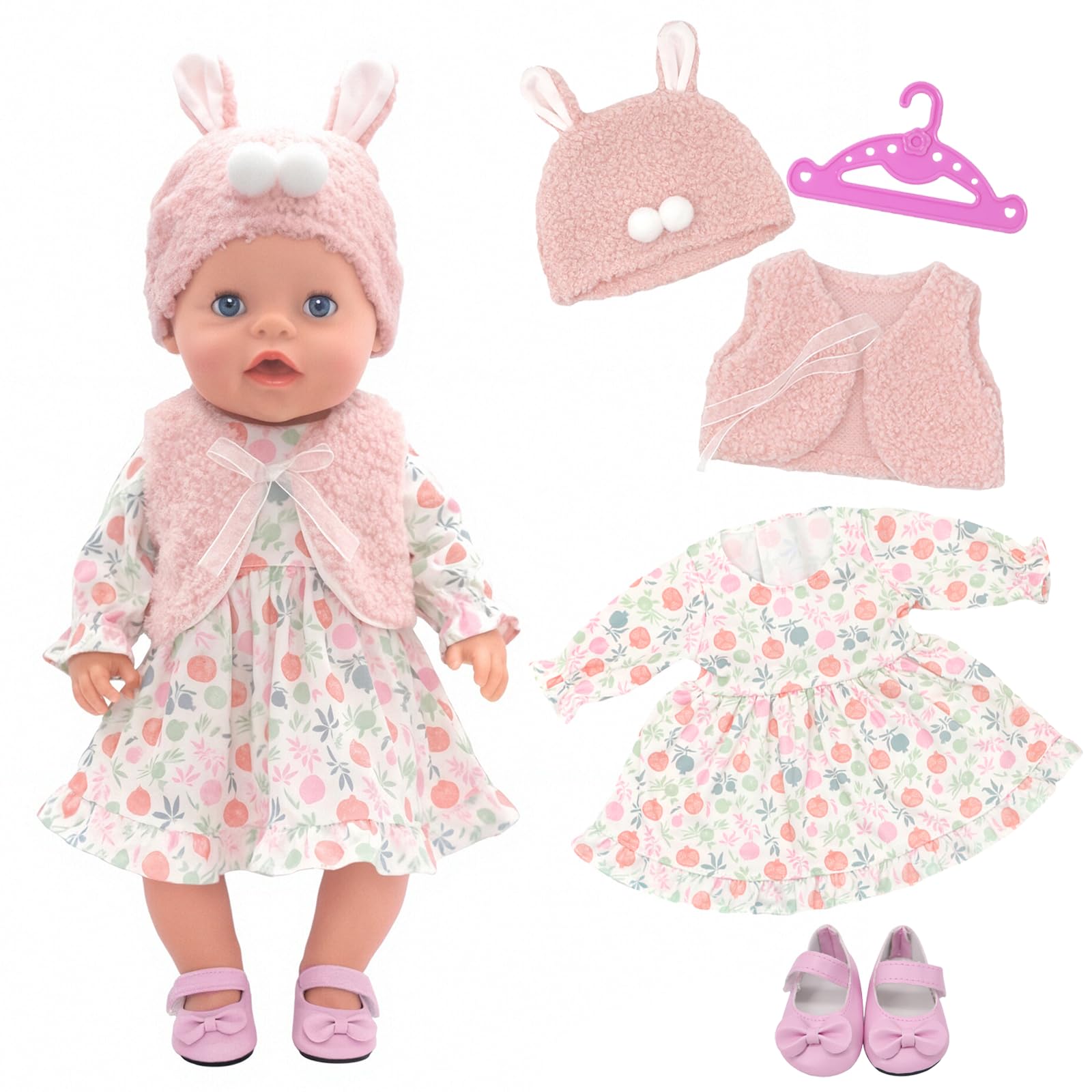 Doll Clothes for 14-17 inch Baby Dolls, 5 Pcs Sweet Cute Baby Doll Clothes for 35-43cm Baby Dolls with Dress Vest Hat Shoes Hanger 43cm Baby Doll Outfits Baby Doll Accessories Children Birthday Gifts
