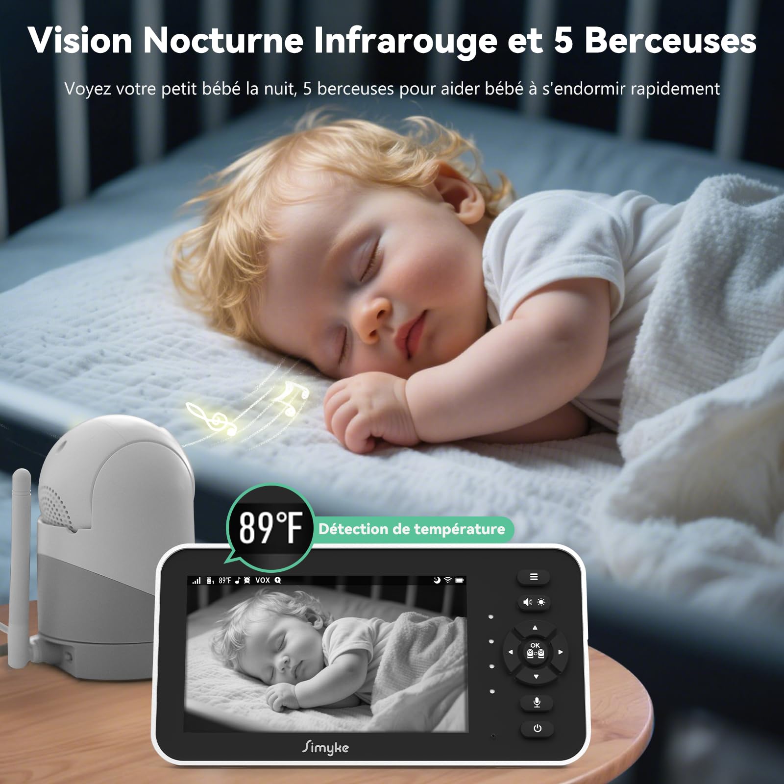 Simyke Moniteur Vidéo pour Bébé, 2 Caméras, Écran IPS 5'' HD, Contrôle App, Vision Nocturne, Alertes Mouvement, Conversation Bidirectionnelle, Accès Multi-Utilisateur, Sécurité Triple
