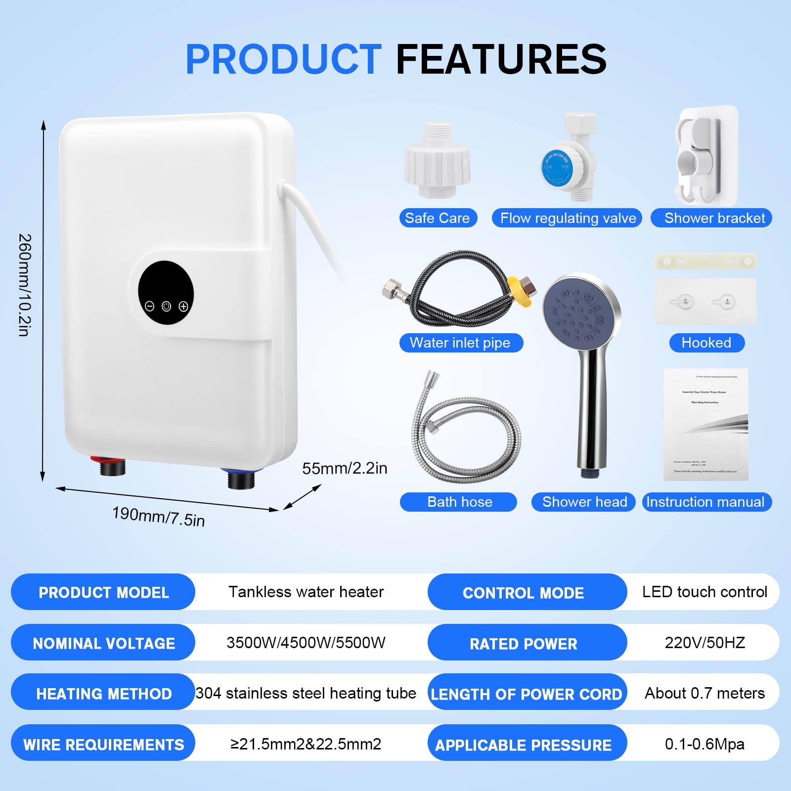 Scaldabagno istantaneo mini da 5500 W 220 V, elettrico sottolavello con display LCD della temperatura, a controllo elettronico, ideale per doccia, bagno e cucina