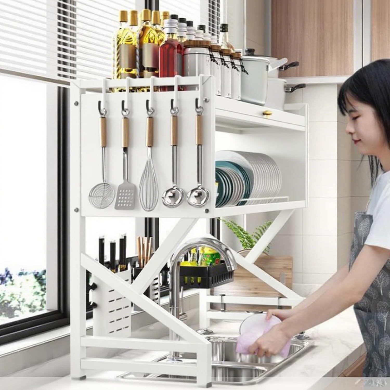 Large Capacity, Space-Saving, Drain Storage, Sink, dust-Proof Cupboard, Multi-Function Kitchen Sink Rack, Household Dish Rack with lid, Dish Drying Rack(White,75cm/29.5in)
