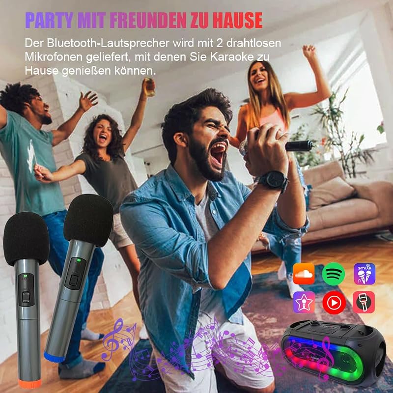 Xnordcaper Hordozható Karaoke Rendszer 2 Vezeték Nélküli Mikrofonnal - Bluetooth Hangszóró LED Fényekkel, FM Rádió, USB, TF Kártya, AUX Csat