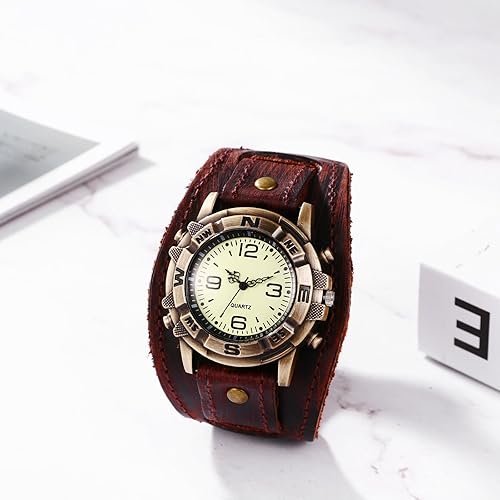 Miniatura 5 de JewelryWe Wide Leather Cuff Watch Vintage Retro Quartz Punk Wristwatches for Men Women Halloween Costumes for Christmas