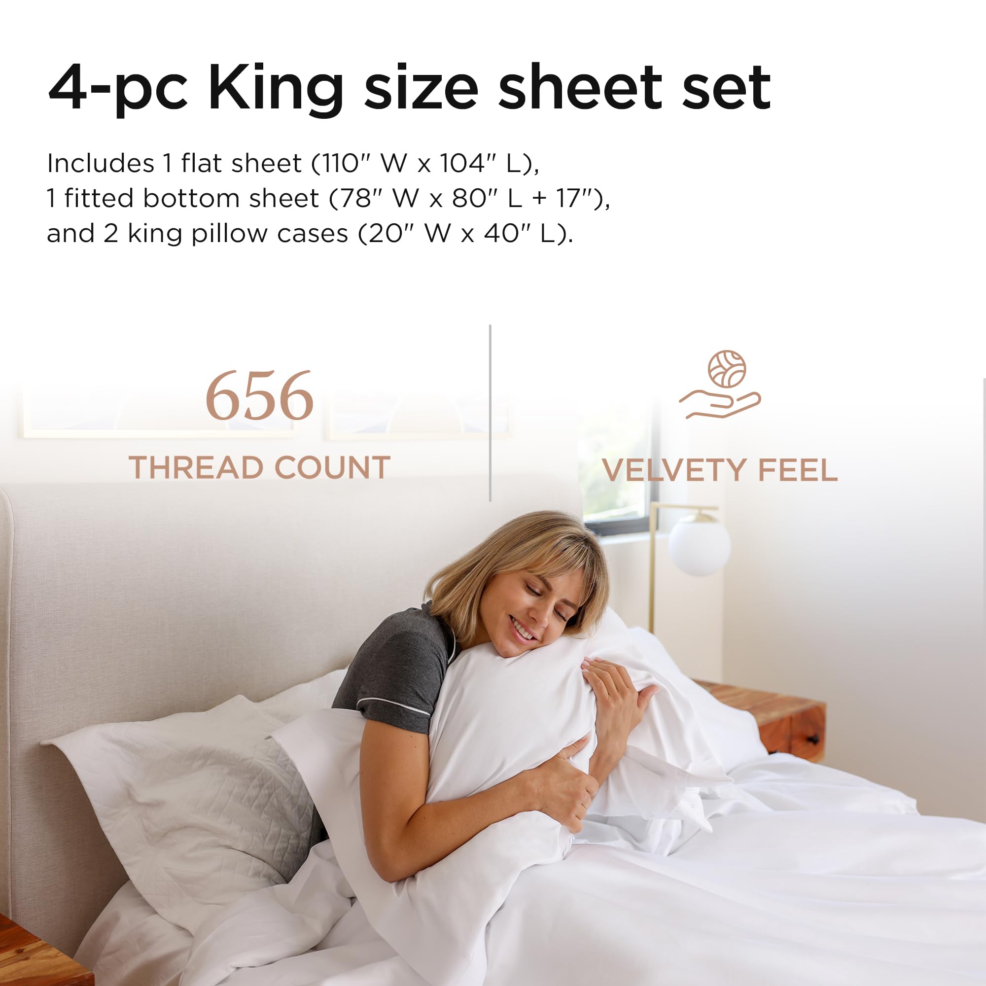 Threadmill American Supima King Size Sheets Set | 656 Thread Count 4 Piece Luxury Bed Sheets for King Size Mattress | 5 Star Hotel Quality Sheets with Elasticized Extra Deep Pocket | White Sheets